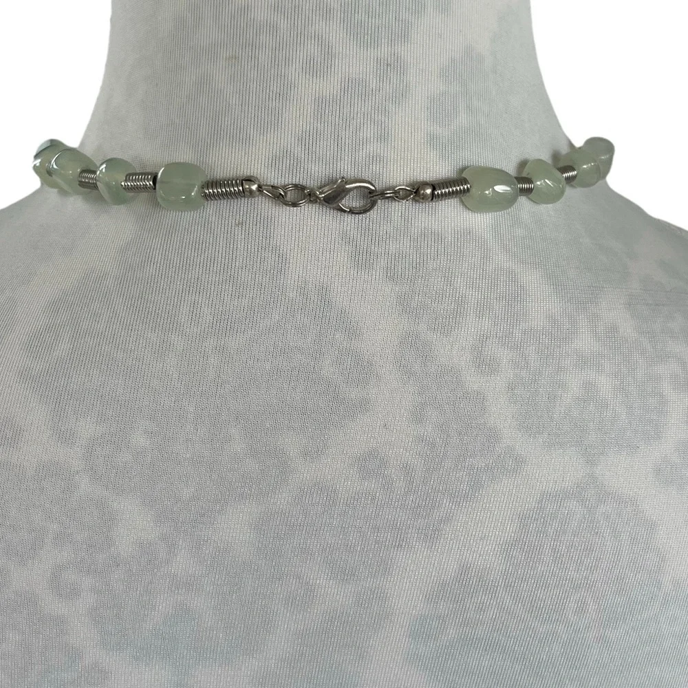 Green Gemstone Beaded Necklace & Earring Set | Drop Pendant & Wire Spacers